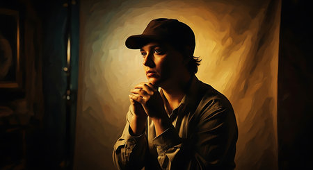 Portrait of a handsome young man in a cap. Men's beauty, fashion.の素材