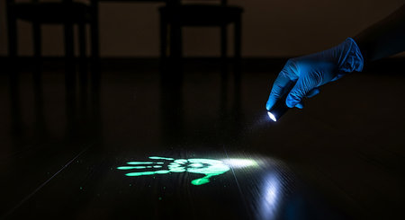 Hand in blue glove touching handprint on wooden floor with dark backgroundの素材