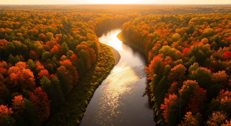 Aerial view of the river and forest at sunset. Autumn landscapeの素材