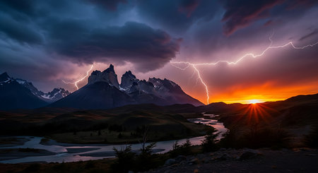 Fantastic sunset in Torres del Paine National Park, Chileの素材