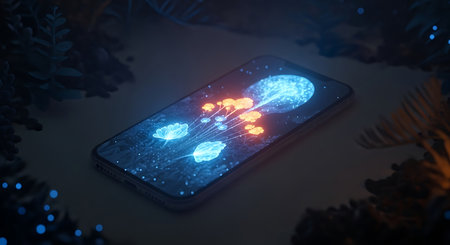 Smartphone with artificial intelligence concept. 3D rendering. Neon lightの素材