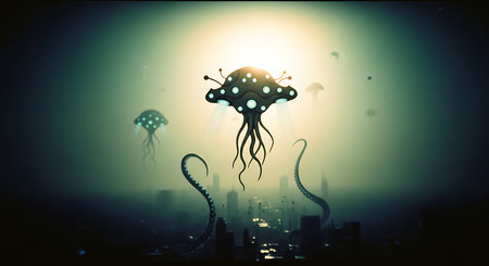 Fantasy image of jellyfish and city in the fog. Mixed mediaの素材