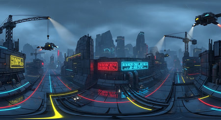 Futuristic city at night with neon lights. 3D renderingの素材