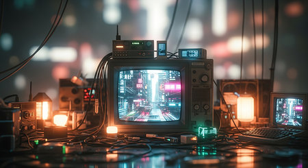 Retro TV set on a dark background. 3D Renderingの素材