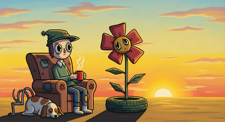 A cartoon illustration of a boy sitting on a chair with his dog.の素材