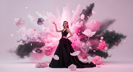Beautiful young woman in long black dress with flying flowers and smoke conceptの素材