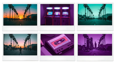 Collage of different pictures of a retro audio cassette in the cityの素材