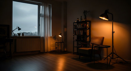 Interior of a modern living room at night with a big windowの素材