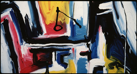 abstract painting of a musical instrument in blue, red and yellow colorsの素材