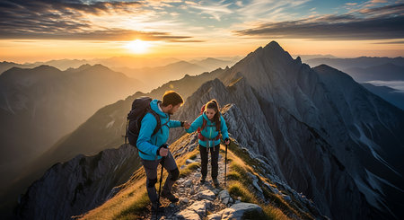 Couple with backpacks hiking in the mountains at sunset. Concept of active lifestyle.の素材