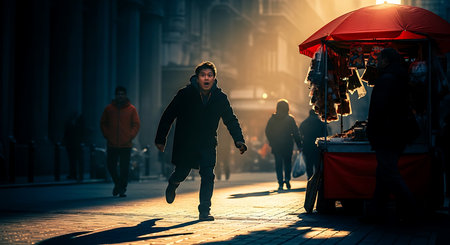 Young man walking in the city street at night, looking for food.の素材