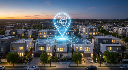 Glowing hologram of a city with a map on the background of houses at sunset. Concept of travel and navigation.の素材