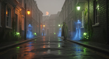 Mysterious foggy street at night, 3D rendering.の素材