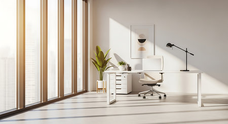 Interior of modern office with white walls, tiled floor, comfortable white computer desk with white armchair standing near window with blurry cityscape. 3d renderingの素材