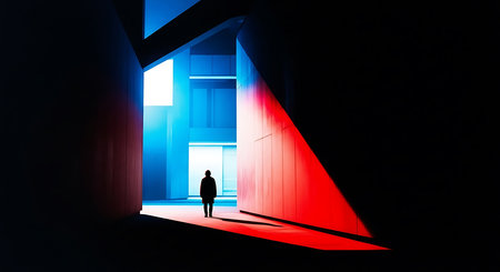 Silhouette of a man standing in front of a glowing doorの素材