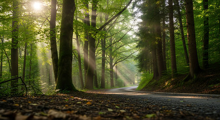 Morning in the green forest with sunbeams and rays of lightの素材