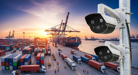 Cargo port with container terminal and cctv camera for monitoring the movement of freight ship.の素材