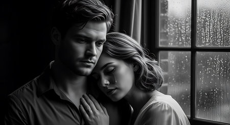 Black and white portrait of a beautiful young couple in love hugging and looking at each other.の素材