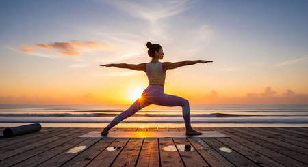 Silhouette of young woman practicing yoga at the beach during sunriseの素材