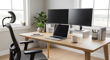 Workplace with computer and coffee cup on wooden table in modern officeの素材
