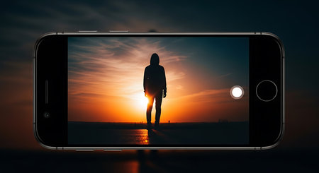 Smartphone with a silhouette of a man on the background of a sunsetの素材