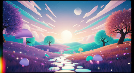 Night landscape with trees, moon, clouds and clouds. Vector illustration.の素材