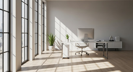 Interior of modern office with white walls, wooden floor, white computer table with white chairs and panoramic window. 3d renderingの素材