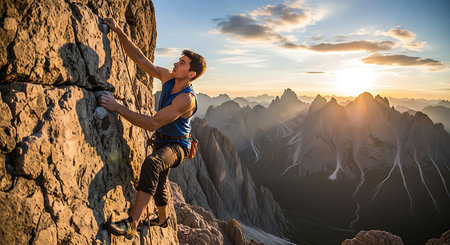 Man climber climbs on a rocky wall against the background of the sunsetの素材