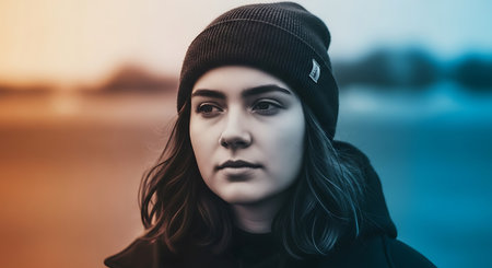 Portrait of a beautiful girl in a black coat and hat.の素材