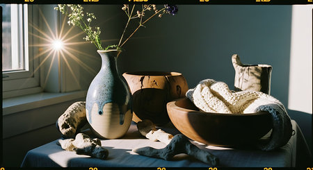 Composite image of wooden vase with flowers and knitted blanketの素材