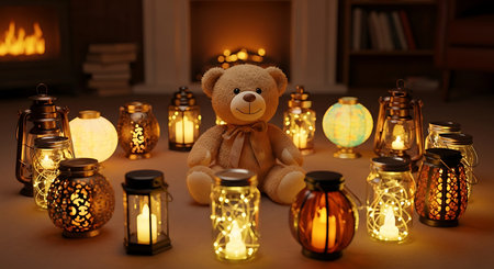 Lanterns and teddy bear in the living room.の素材