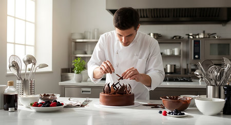 Young man decorating delicious chocolate cake in kitchen, space for textの素材