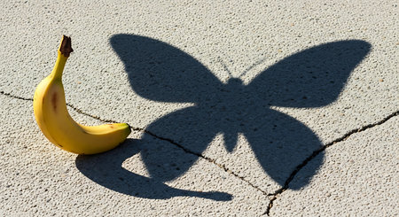 Banana and butterfly shadow on the asphalt. Conceptual image.の素材
