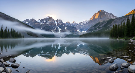 Lake Louise at sunrise, Banff National Park, Alberta, Canadaの素材