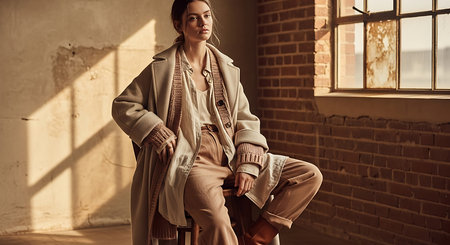 Fashionable young woman in beige coat and trousers posing on a chair in a loft interiorの素材