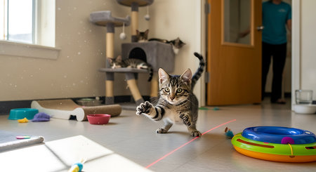 Cute bengal cat playing with toys on floor at homeの素材