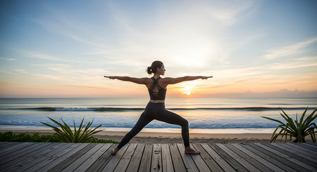 Young woman practicing yoga on the beach at sunrise. Healthy lifestyle conceptの素材