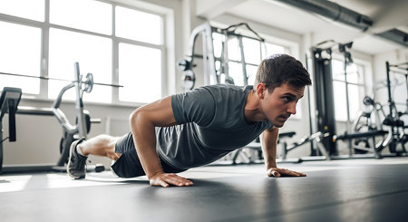 Young man doing push-ups in the gym. Crossfit.の素材