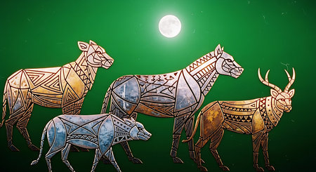 African Tribal Animal Zodiac Illustration on Green Background with Full Moonの素材