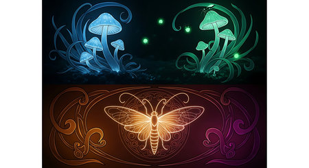 Set of abstract background with magic mushrooms and butterfly. Vector illustration.の素材