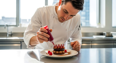 young man decorating cake with strawberry sauce in modern kitchen at homeの素材