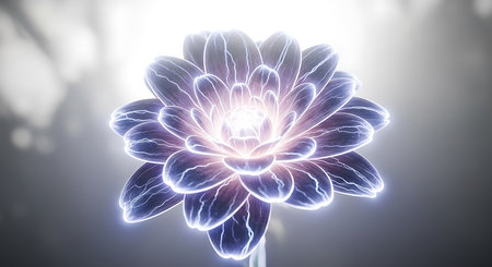 3d illustration of blue dahlia flower in neon light.の素材