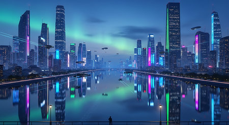 Panorama of skyscrapers at night with reflection in the waterの素材