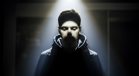 Portrait of a man in a black hoodie looking at cameraの素材