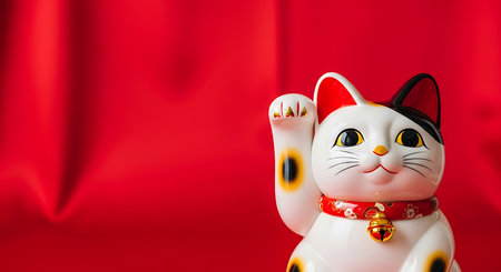 Chinese new year decoration with lucky cat on red satin background.の素材