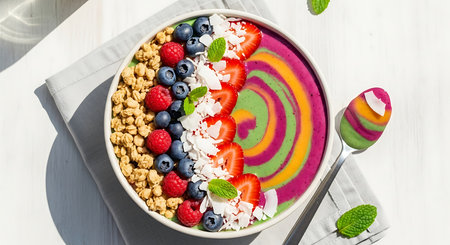 Healthy breakfast bowl with granola, fresh berries and yogurt.の素材