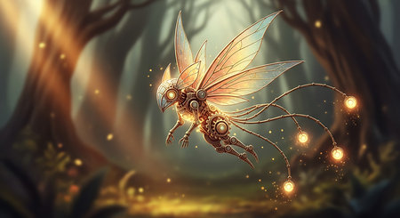 Illustration of a fantasy dragonfly in the dark forest, 3d renderingの素材