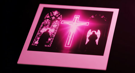 christian cross on a photo frame with black background and pink lightの素材