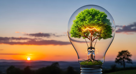 Ecology concept. Green tree growing inside of light bulb. 3D renderingの素材