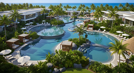 Swimming pool in luxury resort. 3D render. Top view.の素材